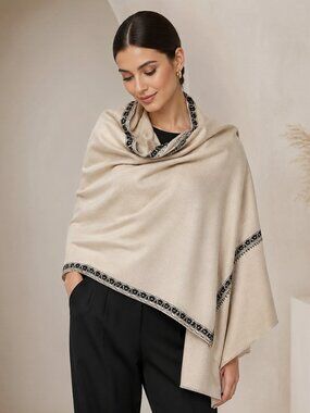 Elegant Large Scarf Natural Ivory Scarf with Black Hand Embroidery